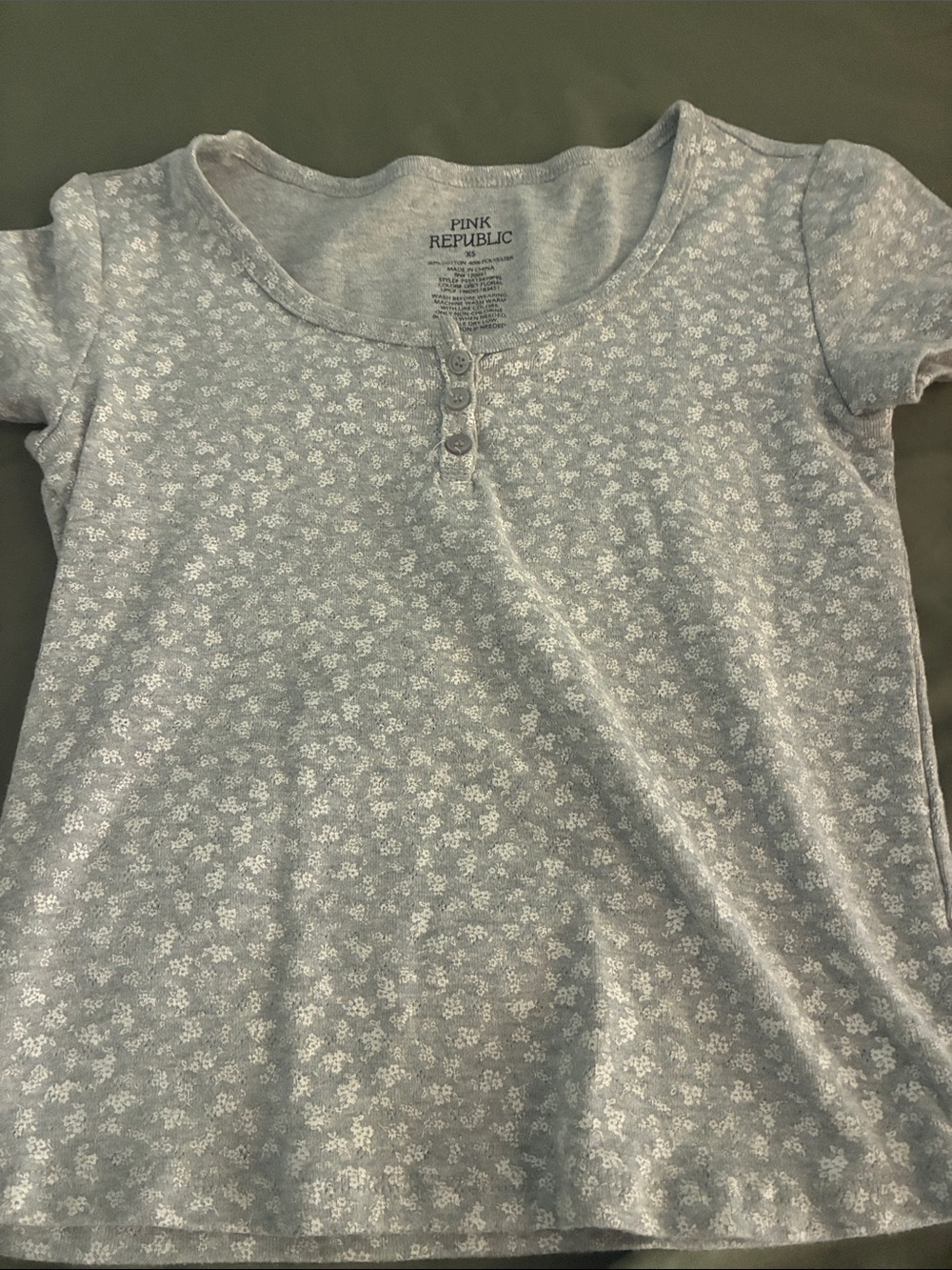 Pink Republic Light Blue Floral Henley Short Sleeve Tee
